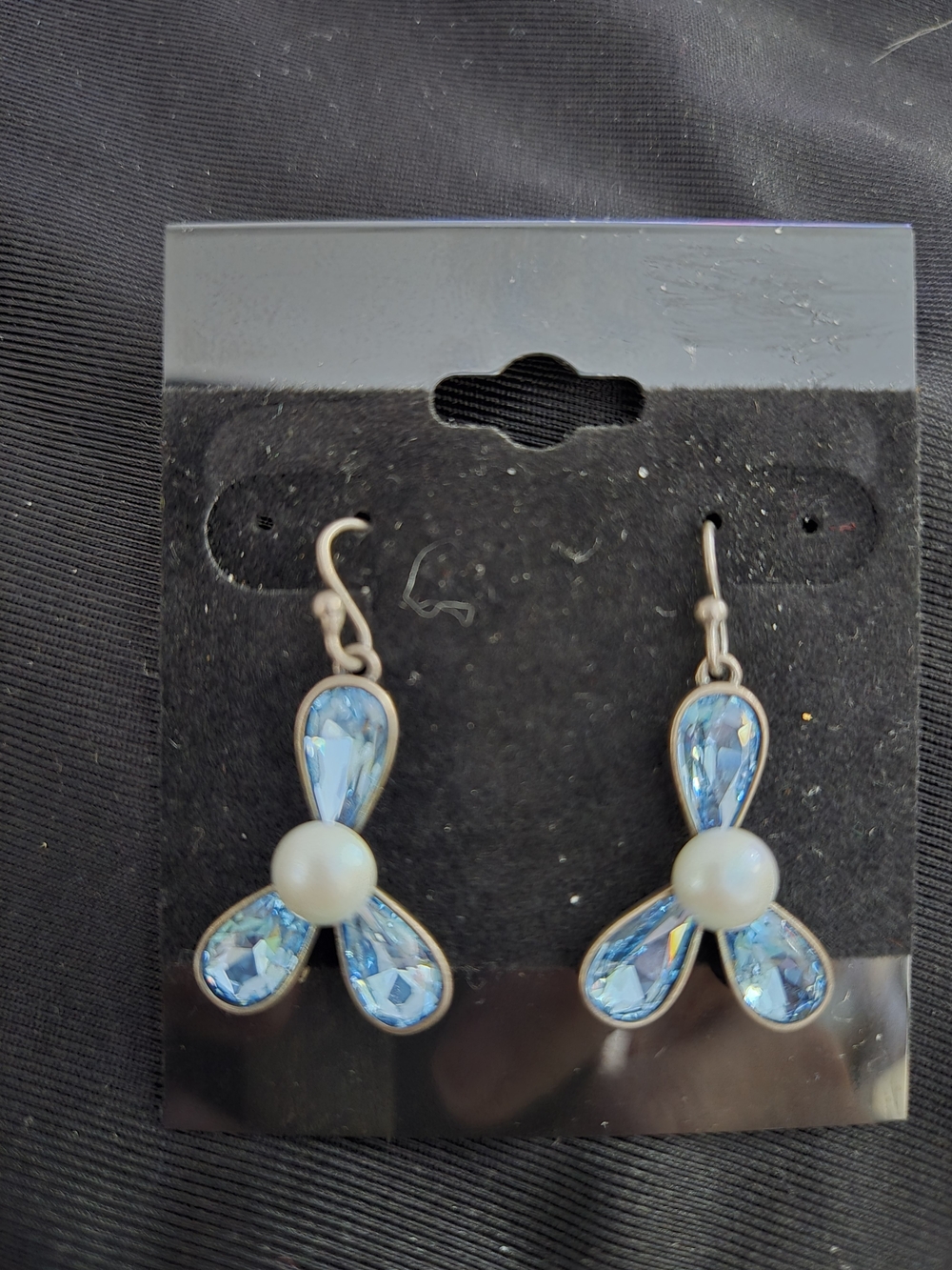 Touchstone Blue Crystal Swarovski Drop Flower Earrings with Pearl Center